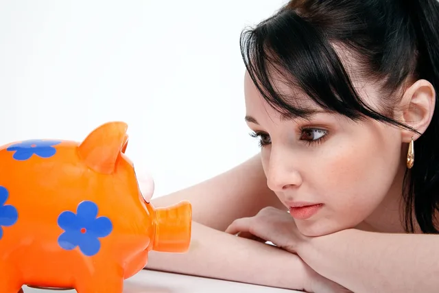 piggy bank, saving, money, young woman, finance, currency, coin, investment, white, economy, staring, save, piggy bank, money, money, money, money, money, finance, investment. Employee, freelancer, agency or software for finance content, compared on one output
