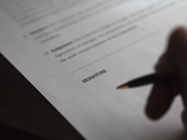 business, signature, contract, deal, paperwork, hand, ready, to write, ok, signature, signature, signature, signature, signature, contract, contract, paperwork. Checking a finance-content vendor's authority, data chain and exit before signing
